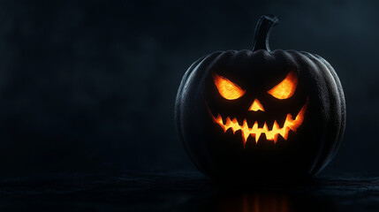 Scary Halloween pumpkin with glowing eyes on black background with space for text.