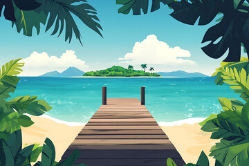 Wall Mural - A serene tropical scene featuring a wooden dock leading to a lush island and clear waters.