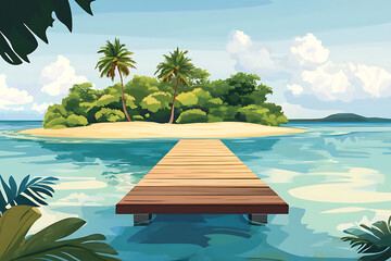 Wall Mural - A serene tropical island scene with a wooden pier leading to lush greenery and calm waters.