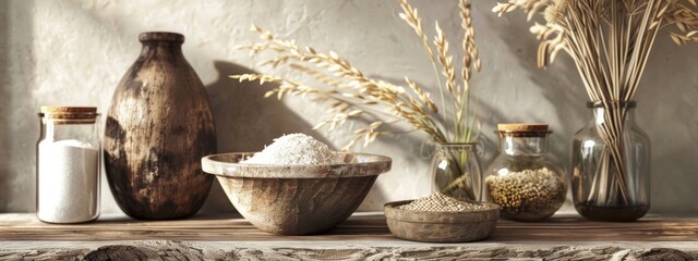 Wall Mural - Rustic kitchen setting with wooden bowls and grains