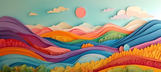 Wall Mural - 8. Abstracted landscape with paper cut elements arranged to create a layered, three-dimensional visual