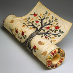 Wall Mural - A rolled up scroll with an embroidered tree design.