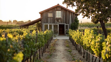 Rustic Barn in Golden Hour Vineyard