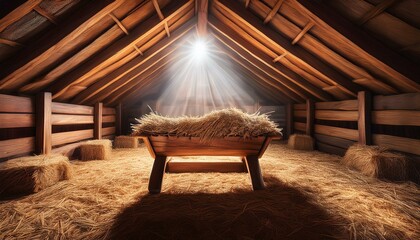 Manger Under a Wooden Roof
The manger is placed directly under a simple wooden roof, with light streaming in through gaps in the slats above.