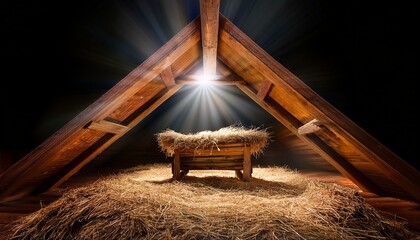 Manger Under a Wooden Roof
The manger is placed directly under a simple wooden roof, with light streaming in through gaps in the slats above.