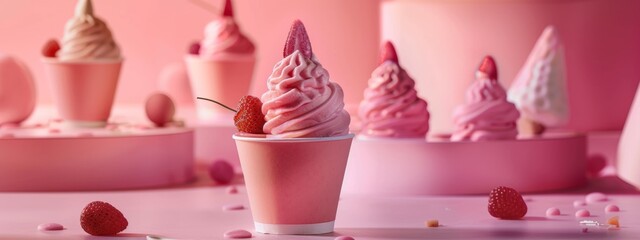 Wall Mural - Pink strawberry soft serve ice cream in a cup