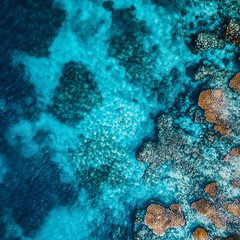 aerial view of vibrant coral reef in turquoise ocean water.