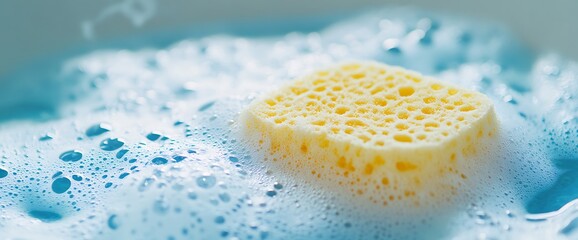 Yellow sponge in a bowl of soapy water.