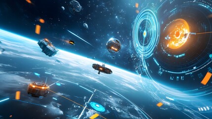 Wall Mural - Futuristic Spaceships Orbiting a Planet with a Digital Interface.