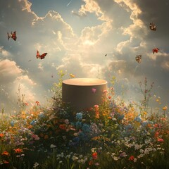 Sticker - A round pedestal surrounded by blooming wildflowers and butterflies against a backdrop of a dramatic sky.