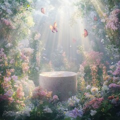 Sticker - A round platform sits in a dreamy garden setting, surrounded by delicate flowers and butterflies, bathed in ethereal sunlight.