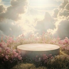 Poster - A round stone podium sits amidst a field of delicate pink and white wildflowers, bathed in the soft glow of a heavenly sky.