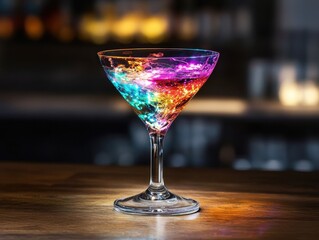 Vibrant Neon Cocktail in Martini Glass on Wooden Bar Counter with Blurred Background