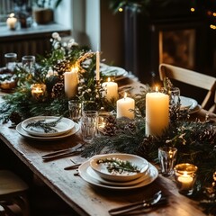 Sticker - A rustic wooden dining table is set with white plates, silverware, and clear glasses. A long garland of evergreen branches, pine cones, and candles decorates the center of the table, 