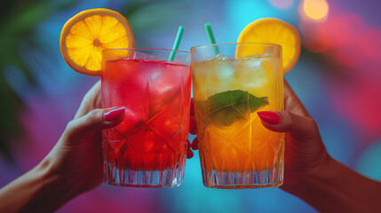 Summer party Cheers! Cropped image Hands of two people holding orange coctail glass with Straw over turquoise lagoon exotic bay. Lifestyle summer vacations concept. 