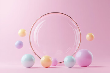 Transparent pastel-colored bubbles floating against a soft pink background, creating a light and airy feel.