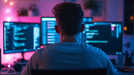 Coder Backlit by Monitors.