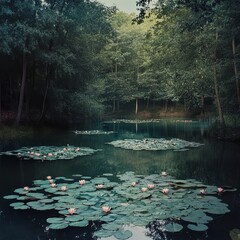 Canvas Print - A serene pond nestled in a lush green forest, adorned with clusters of pink water lilies, casting reflections on the still water.