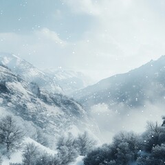 Wall Mural - A serene snowy mountain landscape with a dusting of snow on the trees and a misty valley.