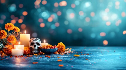 A beautifully decorated Dia de los Muertos altar with candles, food offerings, and marigolds, set against a backdrop with ample copy space for text or branding.