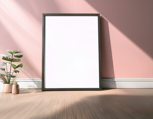 Poster picture frame mockup on wooden tiles floor with aesthetic shadow