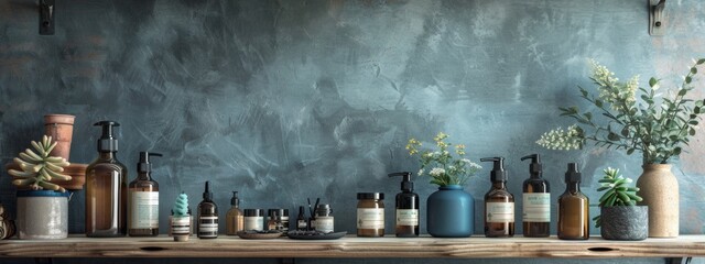 Wall Mural - Rustic skincare products on wooden shelf with plants