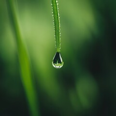 Wall Mural - A single dewdrop hangs from a blade of grass, reflecting the green foliage behind it.