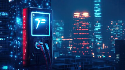 A glowing EV charging symbol against a dark cityscape, symbolizing night-time charging stations.