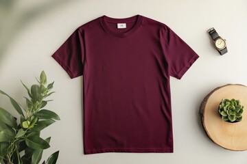 Wall Mural - A maroon t-shirt displayed with a watch, plant, and wooden slice for lifestyle presentation.