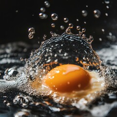 Poster - A single egg is cooking in a pan of water, creating a splash of bubbles.