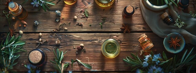 Wall Mural - Rustic wooden table with essential oils and herbs