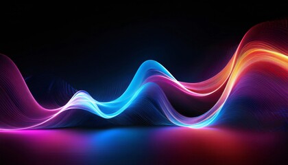 Wall Mural - big neon wave background for design; light painting on black backdrop, flash and smoke