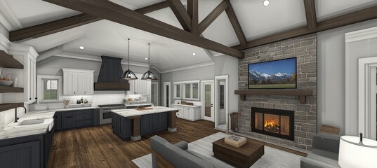 Wall Mural - Spacious Open Concept Kitchen and Living Room Interior Design with Wood Beams and Stone Fireplace