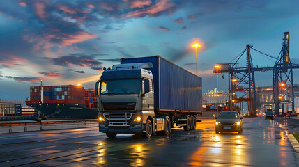 Truck trailer on the pier in the cargo port terminal with cranes and containers. AI Generated