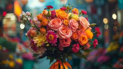 Wall Mural - A vibrant bouquet of orchids and roses, decorated with colored ribbons. Holi celebration in a city . Happy Holi , Concept Indian color festival.