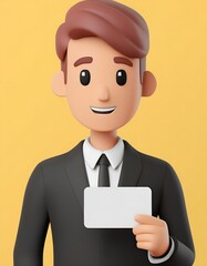 3D illustration of a smiling young businessman showing a blank business card