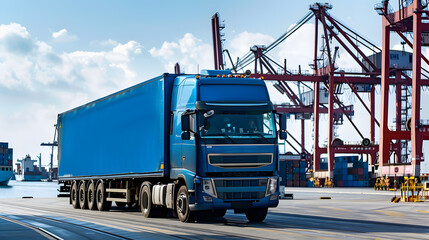 Truck trailer on the pier in the cargo port terminal with cranes and containers. AI Generated