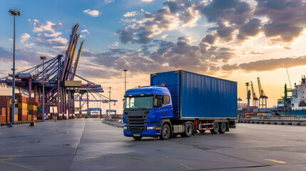 Truck trailer on the pier in the cargo port terminal with cranes and containers. AI Generated