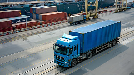 Truck trailer on the pier in the cargo port terminal with cranes and containers. AI Generated