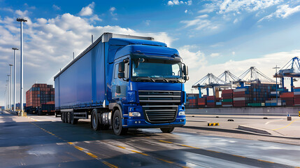 Truck trailer on the pier in the cargo port terminal with cranes and containers. AI Generated