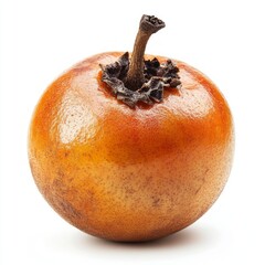 Poster - A single ripe, yellow-orange loquat fruit with a brown stem isolated on a white background.