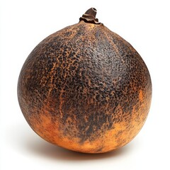 Wall Mural - A single ripe, brown and yellow, rough-skinned fruit with a small stem on a white background.