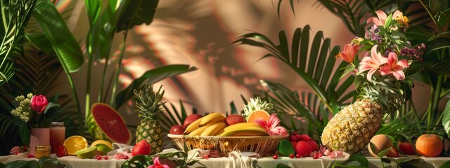 Tropical fruit arrangement with flowers and greenery in natural light