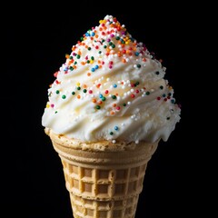 Wall Mural - A single scoop of vanilla ice cream in a waffle cone, topped with colorful sprinkles, isolated on a black background.