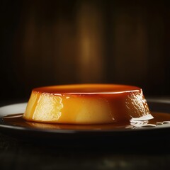 Poster - A single serving of flan on a dark plate with caramel sauce.