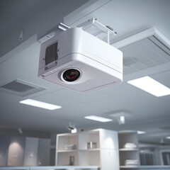 The square multimedia projector with lens hanging on the ceiling in the office, in an upward-angled shot