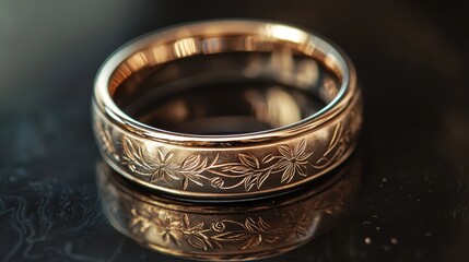 Macro photograph of a wedding band with a polished finish highlighting fine engravings and the reflective quality of the metal