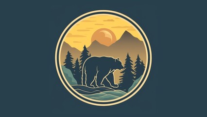 create a simple Smoky Mountain logo, patch, simple pattern, flat image, simple colors, add a small bear, only use five colors