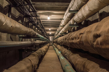 Underground concrete utility tunnel with pipes and wires lit by tungsten bulbs.. This tunnel gives energy, water and heat for industrial and apartment buildings.