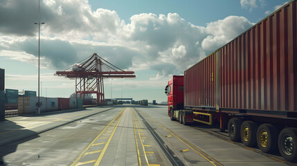 Truck trailer on the pier in the cargo port terminal with cranes and containers. AI Generated